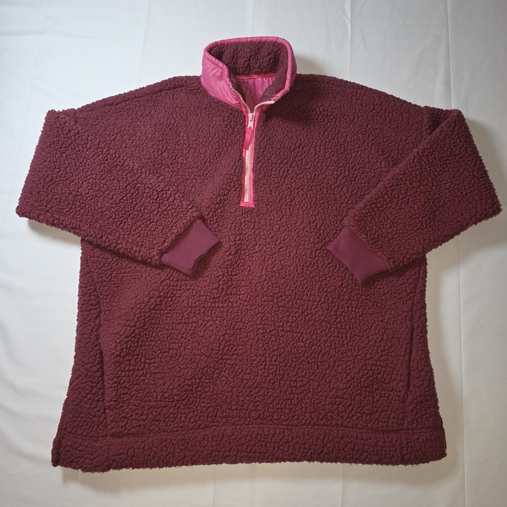 AERIE Pink Quarter Zip Sherpa Pullover Sweatshirt Oversized Fuzzy Jacket Sz.‎ M